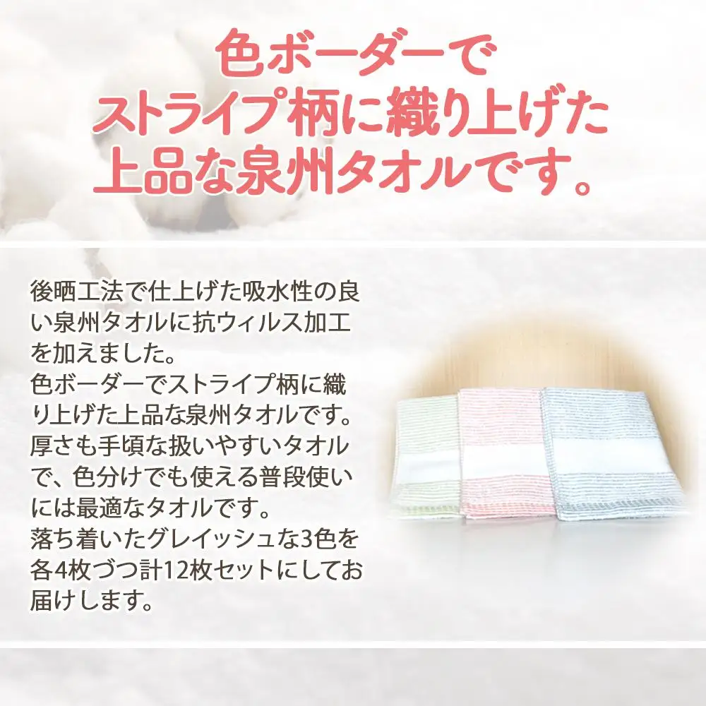 泉州タオル ロイヤルボーダー タオル 12枚 （ 抗ウイルス 加工 ） 入金確認後30日以内に順次出荷(土日祝除く）