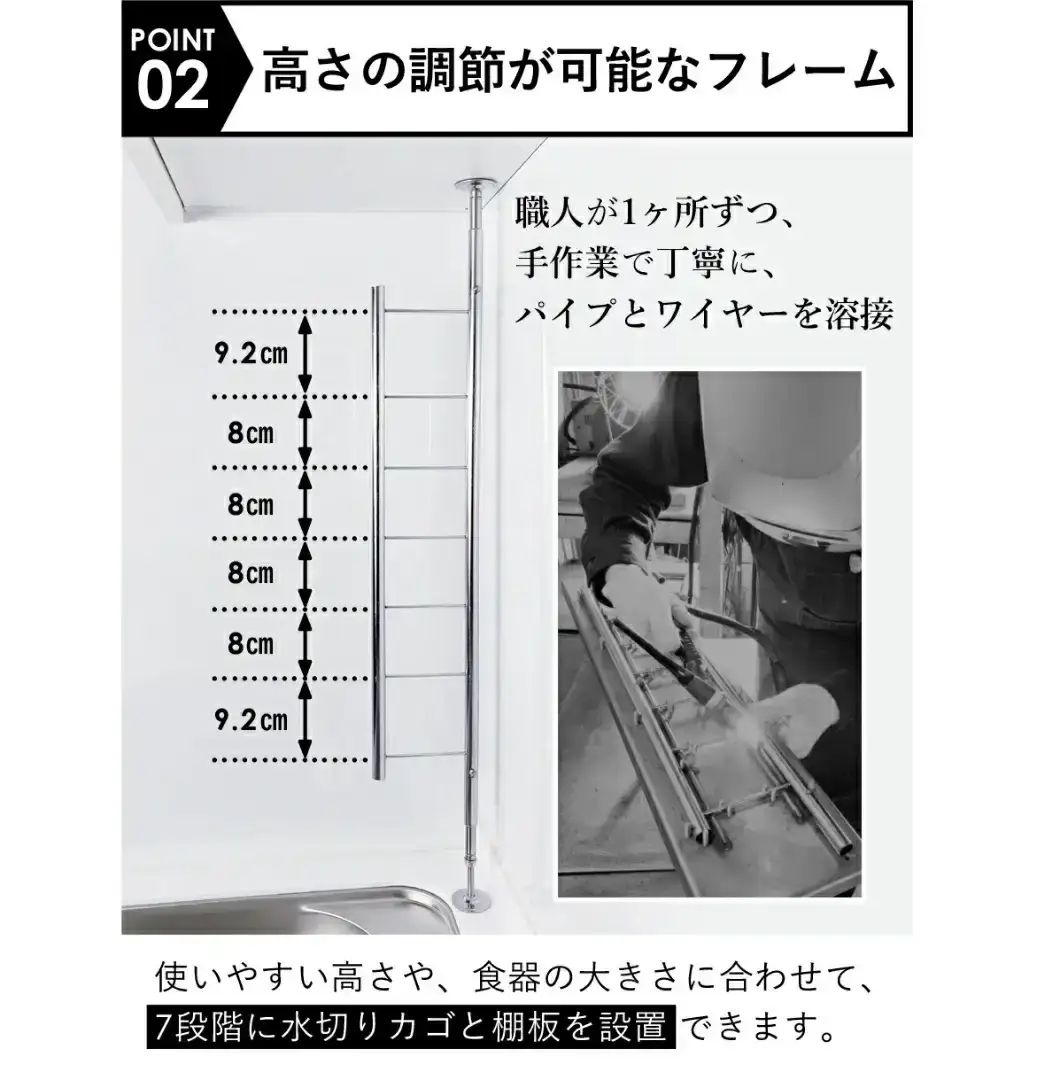 [燕三条水切り直販店] 突っ張り式 ステンレス 水切りラック 2段 キッチン用品