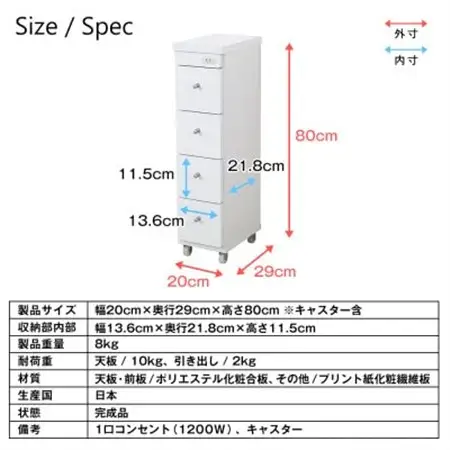 隙間収納ワゴン　幅20cm×奥行29cm　RSW-2029W_収納 すき間収納 隙間収納 隙間 ワゴン キャスター 収納ボックス 収納棚 スリム 幅20cm 引き出し キッチン 洗面所 リビング ランドリー ホワイト コンセント1口付 家具 完成品 送料無料_【1415002】