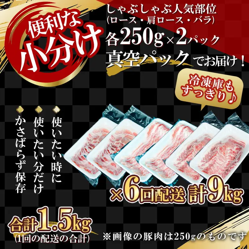 【定期便全6回】【農場直送】真空パック 北海道産　北島ワインポーク　しゃぶしゃぶ人気部位　食べ比べセット 1.5kg 全計9kg【小分け】【余市のブランド豚肉】　ワインで育てた豚　余市産豚肉　北海道産豚肉　国産豚肉　小分け豚肉　安心安全豚肉 北島豚 _Y067-0035
