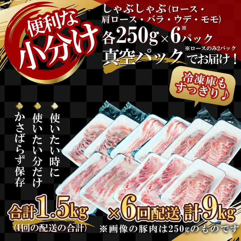 【定期便全6回】【農場直送】真空パック 北海道産　北島ワインポーク　しゃぶしゃぶ全部位　食べ比べセット 1.5kg 全計9kg【小分け】【余市のブランド豚肉】　ワインで育てた豚　余市産豚肉　北海道産豚肉　国産豚肉　小分け豚肉　安心安全豚肉 北島豚 _Y067-0037