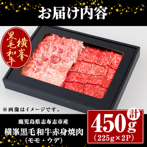 鹿児島県志布志市産横峯黒毛和牛の赤身焼肉(計450g・225g×2P) 鹿児島県産 国産 牛肉 牛 赤身 赤身肉 焼き肉 希少牛 手切り モモ ウデ バーベキュー BBQ b0-195