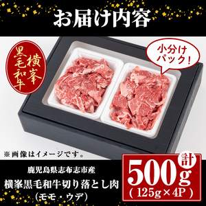 鹿児島県志布志市産横峯黒毛和牛の切り落とし肉(計500g・125g×4P) 鹿児島県産 国産 牛肉 牛 スライス 切り落とし 焼き肉 希少牛 小分け モモ ウデ バーベキュー BBQ すき焼き しゃぶしゃぶ b0-193