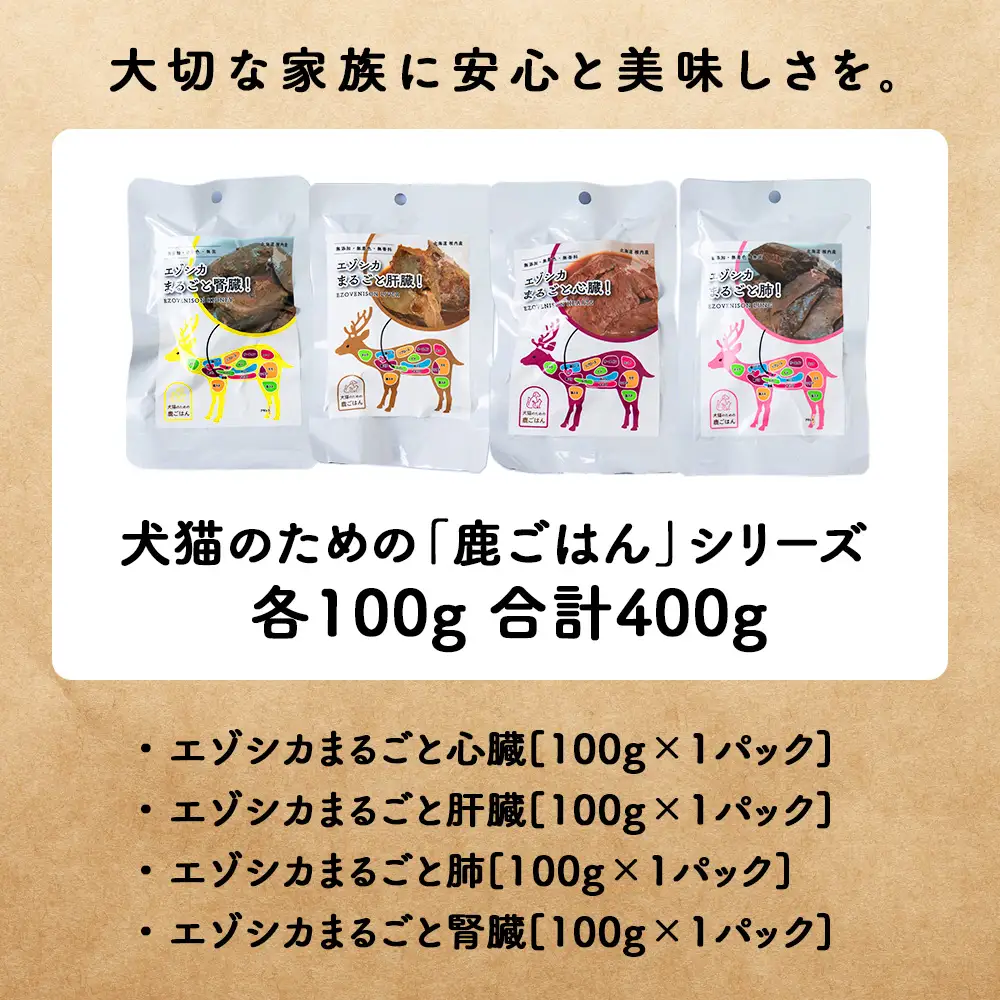 【愛犬用エゾシカ肉】まるごと内臓シリーズ(心臓・肝臓・肺・腎臓)各100g 合計400gセット【配送不可地域：離島・沖縄県】