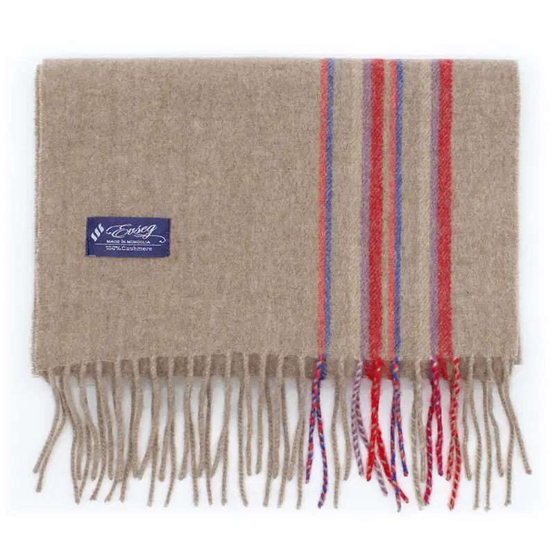 【100％ピュアカシミヤ】マフラー フリンジ付き キャメル×ストライプ