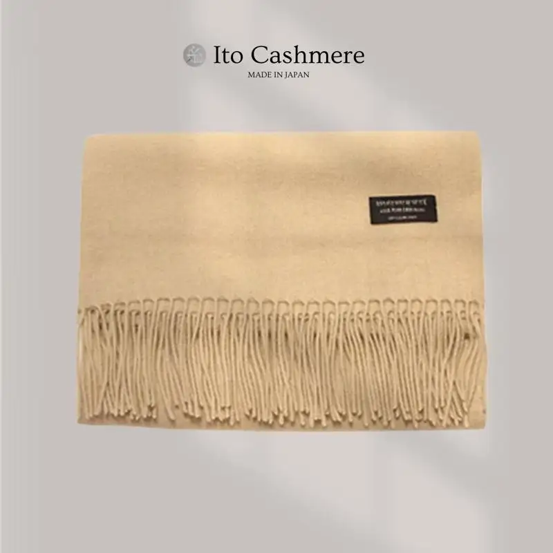 【100％ピュアカシミヤ】大判ストール フリンジ付き クリーム