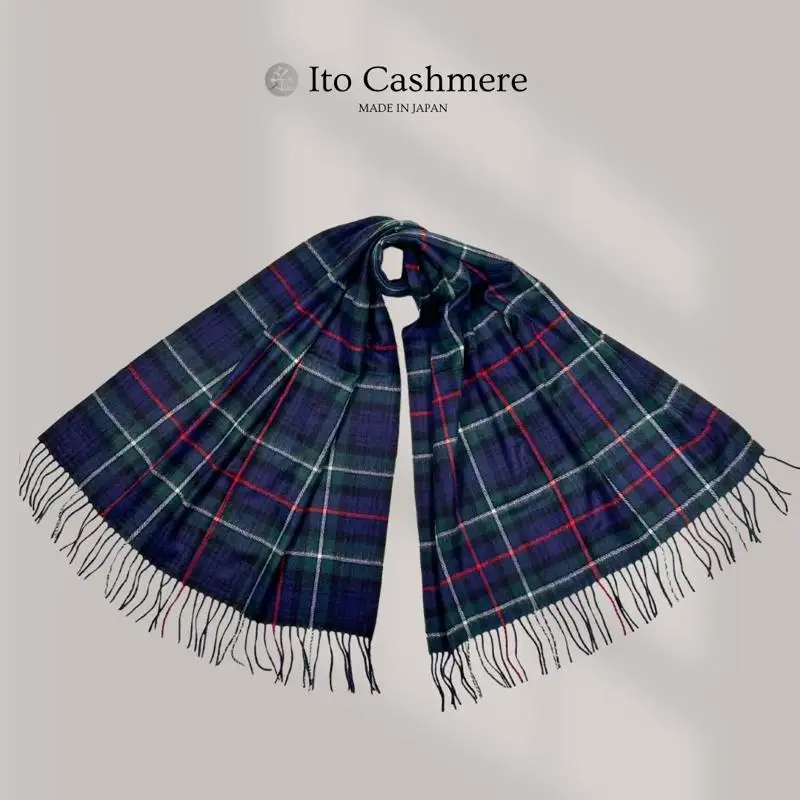 【100％ピュアカシミヤ】大判ストール フリンジ付き チェック柄 Tartan