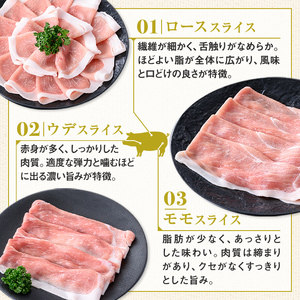 【A05053】鹿児島県産豚ロース、モモ、ウデしゃぶしゃぶセット(合計約1.2kg) 鹿児島  豚肉 ポーク ロース ウデ モモ しゃぶしゃぶ  生姜焼き 焼肉 バラエティ セット【大将食品】