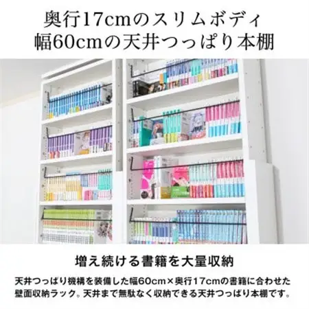 本好きさん専用 奥行17cm薄型本棚 天井つっぱり書棚 愛書家 (ホワイト)　CH-K6017W_薄型本棚 天井つっぱり ホワイト_【1435833】