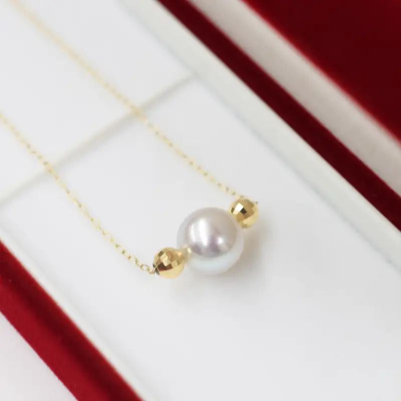 S085-371_8.5mm - 9mm ネックレス あこや 真珠 ナチュラルカラー 1粒 ネックレス ペンダント K18 珍珠 シリコン入りミラーボール 【K18YG】