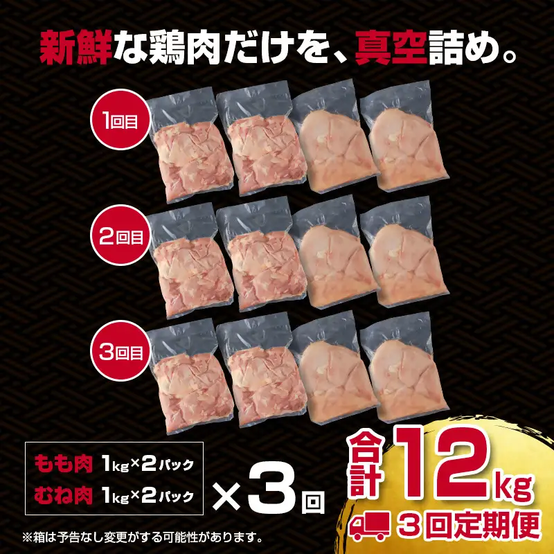 【3ケ月定期便】合計12kg 宮崎県産若鶏もも肉むね肉4kg×3 鶏肉セット 食べ比べ2種 国産鶏肉】＜18-28a＞