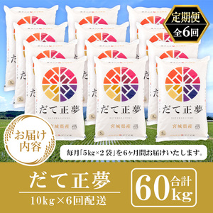 ＜6ヶ月定期便＞宮城県産 だて正夢 合計60kg (10kg×6回) お米 おこめ 米 コメ 白米 ご飯 ごはん 伊達 だてまさゆめ おにぎり お弁当 ブランド米 頒布会【株式会社パールライス宮城】ta337