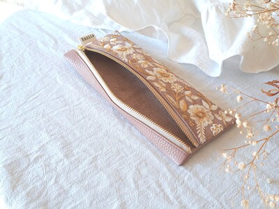 インド刺繍とレザーのペンケース (トルマリン)｜本革 本皮 レザー製品 工芸品 文具 ファッション小物 [0288]