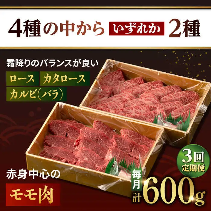 【3回定期便】【限定生産】特選 焼肉 2種盛り 長崎和牛 出島ばらいろ ロース カルビ カタロース モモ（600g/回）【肉のマルシン】 [FG35] 肉 牛肉 焼き肉 赤身 バーベキュー BBQ 定期便