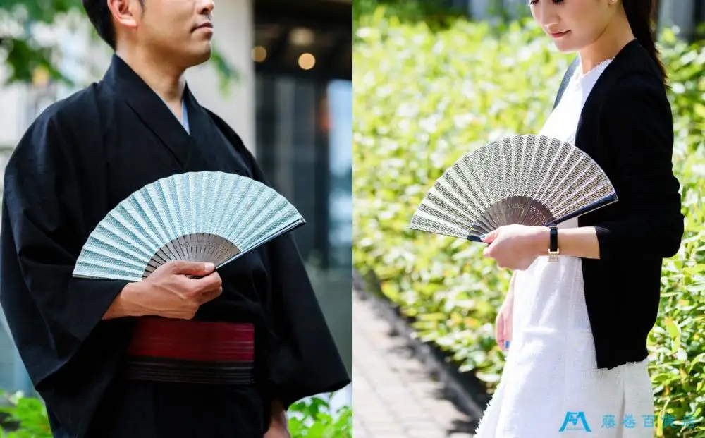 藤巻百貨店オリジナル「白竹堂×長谷川松寿堂」京友禅和紙紗綾形扇子【ブルー】