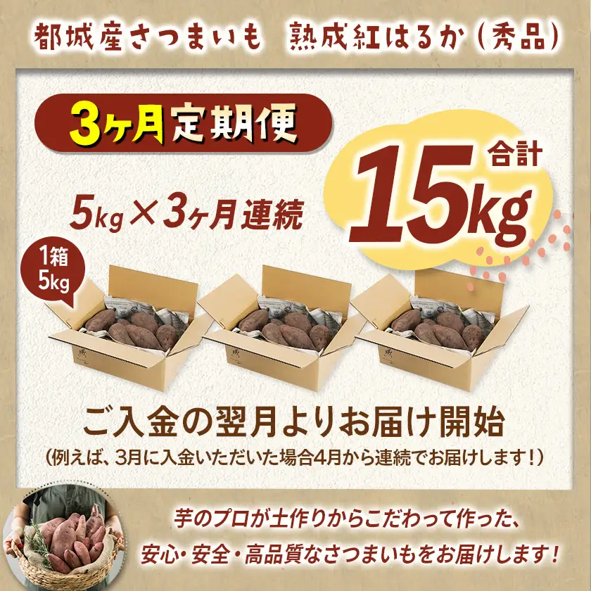 【3回お届け!】都城産 長期熟成紅はるか 5kg 定期便〔TAA3-I201〕_(都城市) 都城産 さつまいも 熟成紅はるか 秀品 5kg サイズ未選別 S～L 