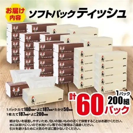 群馬クレインサンダーズ応援ソフトパックティッシュ 400枚(200組)×60パック　9/30受付終了_ティッシュ ティッシュペーパー ソフトパック まとめ買い ソフト 箱なし 群馬県 太田市 ふるさと_【配送不可地域：離島・沖縄県】【1422589】