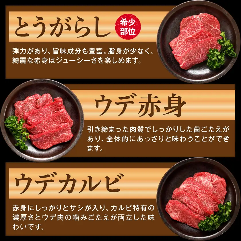 宮崎牛赤身6種600g〔16-2601〕_(都城市) 牛肉 ウデミスジ ウデ三角 ウデクリ とうがらし ウデ赤身 ウデカルビ 約100g 計600g 6種類セット赤身