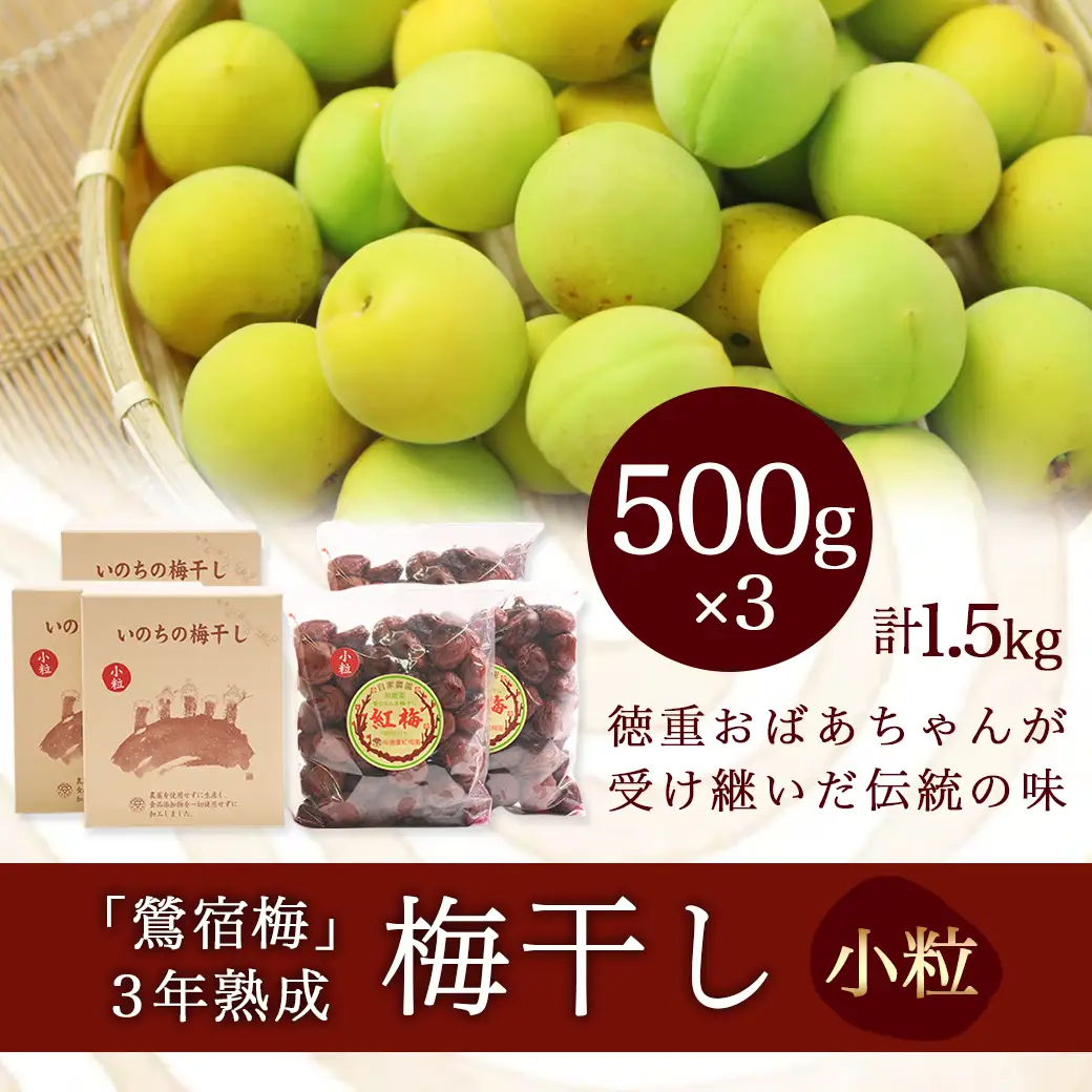 徳重おばあちゃんの3年熟成小粒梅干し1.5kg 〔AD-49-003-1500g〕_(都城市) 紅梅 いのちの梅干し 3年熟成小粒梅干(500g×3個) 塩分12％ 長期熟成 自家農園 伝統農法 お弁当 おにぎり ごはんのお供に なつかしい味の梅干し