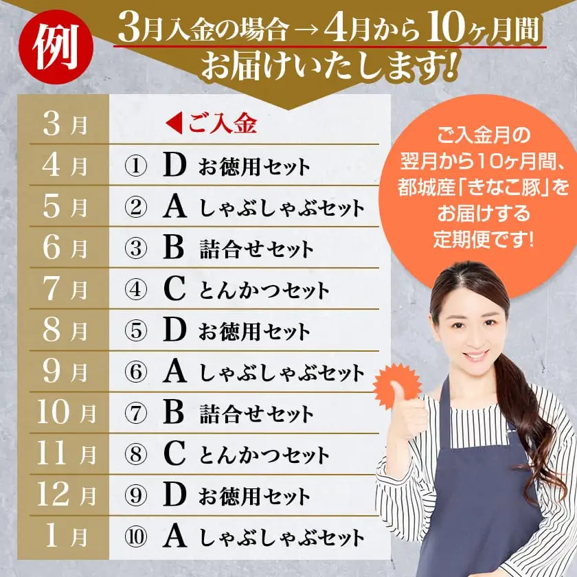 「きなこ豚」バラエティ定期便(10ヶ月)〔T120（10）-1202〕_(都城市) 宮崎県産豚肉 都城産きなこ豚 豚バラ ロース 肩ロース ウデ・モモ ミンチ ハンバーグ 小間切れ しゃぶしゃぶ とんかつ 焼き肉 生姜焼き