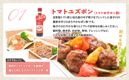 ＜お料理の決め手！何にでも合う トマト調味料セット（トマトユズポン・大人ケチャップ 各1個）＞ とまと 野菜 ゆず ポン酢 完熟 調味料 詰め合わせ ギフト 食べて応援 国産 特産品 遊子川ザ・リコピンズ 愛媛県 西予市【常温】『最短10営業日以内に発送』 SYR0006