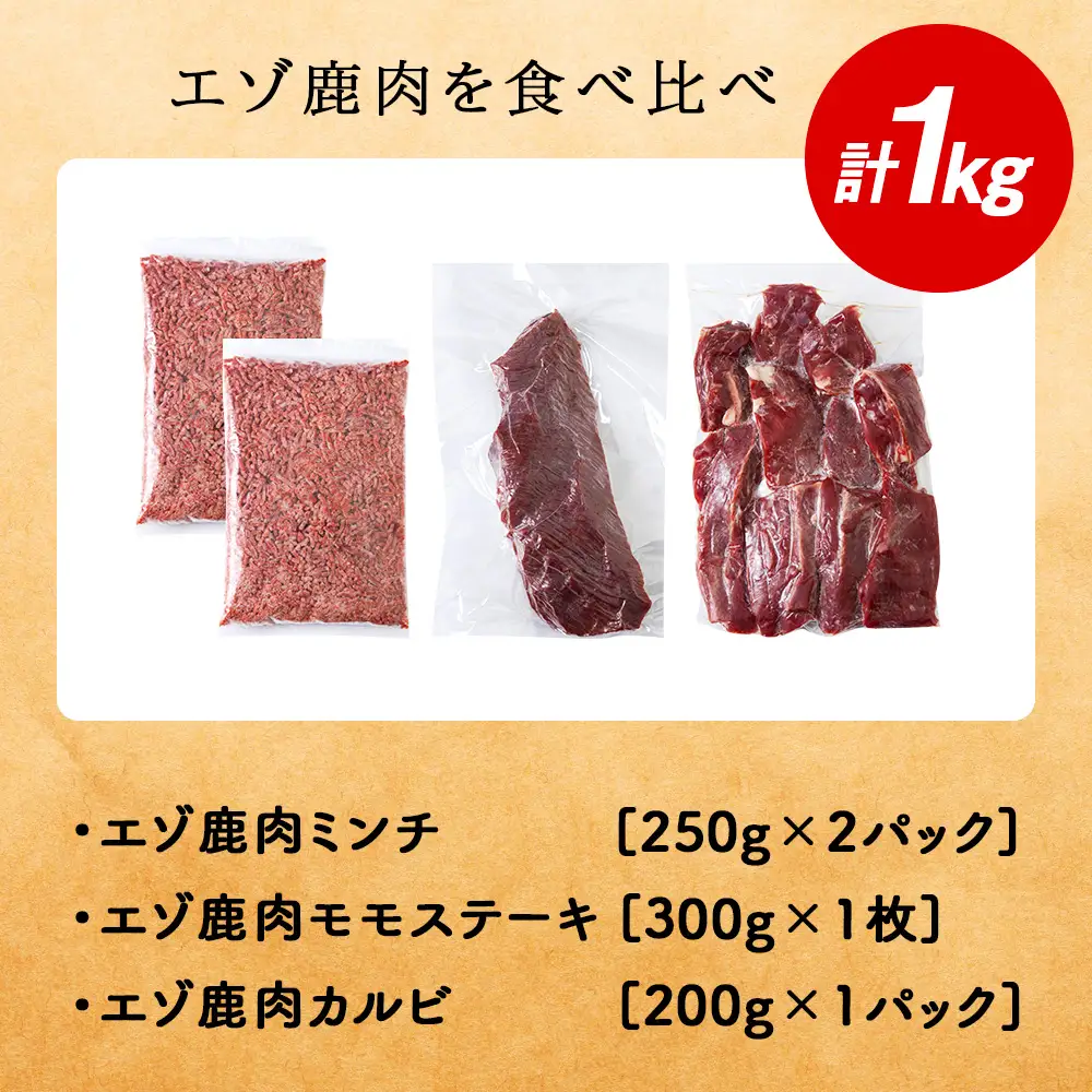 エゾ鹿肉まるごと ジビエ お試しセット! ど～んと1kg (ステーキ・ミンチ・カルビ)【配送不可地域：離島・沖縄県】