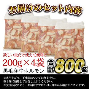 isa530 ≪毎月数量限定≫鹿児島産黒毛和牛ホルモン(合計800g・200g×4P)国産 牛 和牛 小腸 小分け 真空パック もつ鍋 焼肉 煮込み BBQ バーベキュー アウトドア 冷凍 冷凍便【財宝】
