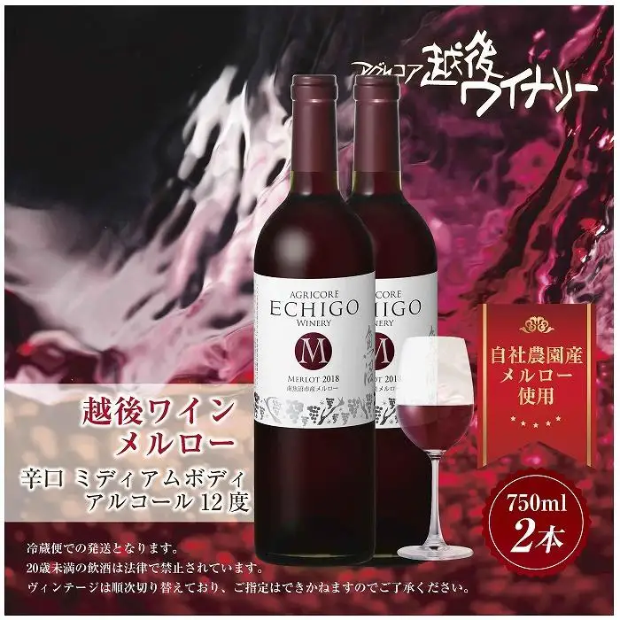 越後ワイン メルロー 赤 750ml 2本セット アグリコア  越後ワイナリー  南魚沼市産メルロー使用 辛口 ミディアムボディ 度数12% 国産ワイン 魚沼ワイン わいん 送料無料 新潟県 南魚沼市