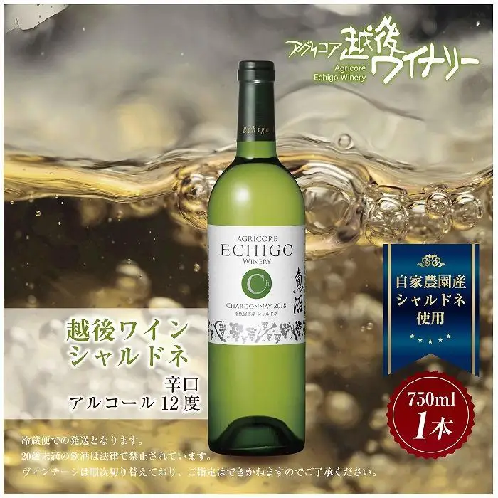 越後ワイン シャルドネ 白 750ml アグリコア  越後ワイナリー  南魚沼市産シャルドネ種使用 辛口 白ワイン アルコール度数 12% 国産ワイン 魚沼ワイン わいん 送料無料 新潟県 南魚沼市