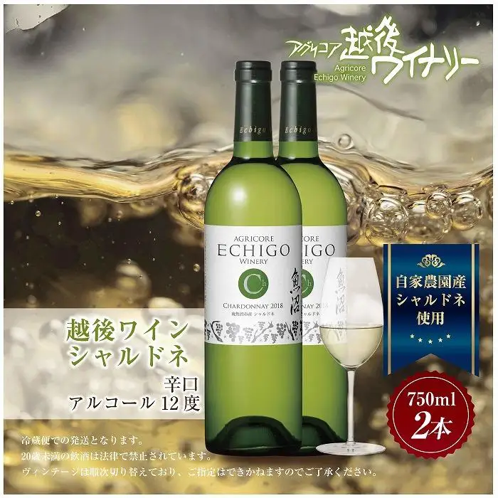 越後ワイン シャルドネ 白 750ml 2本セット アグリコア  越後ワイナリー  南魚沼市産シャルドネ種使用 辛口 白ワイン 度数12% 国産ワイン 魚沼ワイン わいん 送料無料 新潟県 南魚沼市