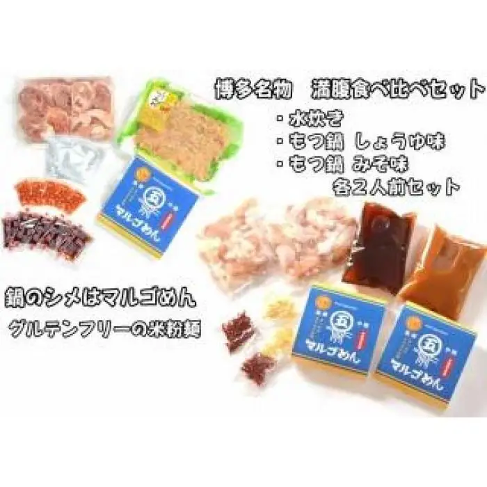 【博多名物】鶏水炊き&もつ鍋2種(醤油味・みそ味)満腹食べくらべ 各2人前(計6人前)【大川市】