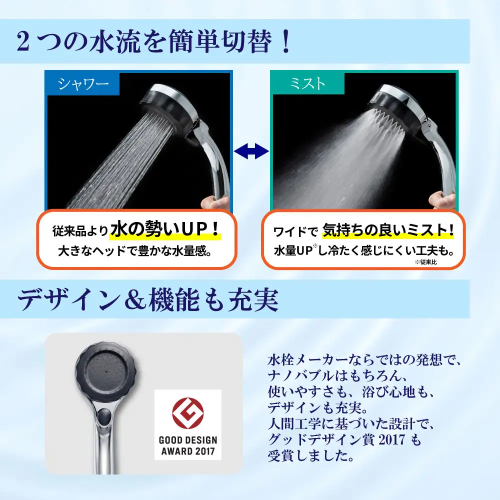 マイクロナノバブル シャワーヘッド「バブリーミスティ2.0（クロム）」ストップボタン有 [No.911] 