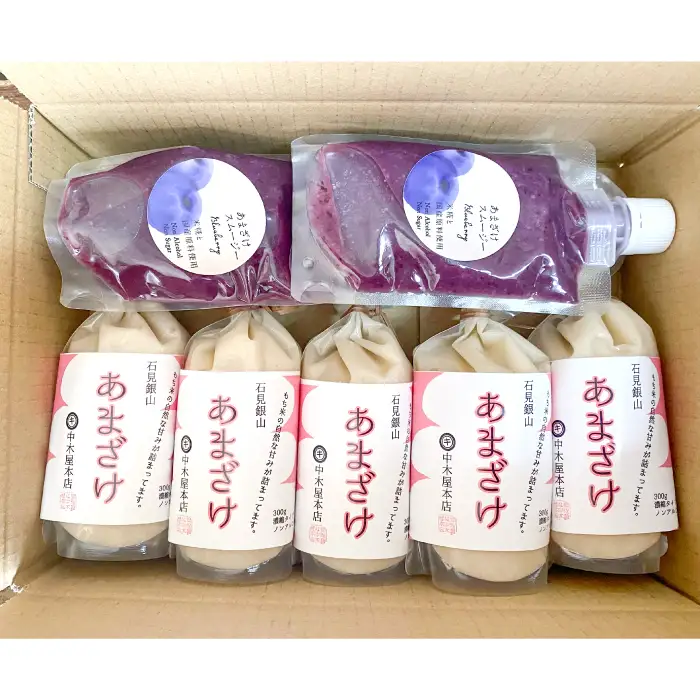 中木屋本店のあまざけ&ブルーベリースムージー【甘酒 ノンアルコール 300g 5個 スムージー 130g 2個 濃縮 米糀 甘み 発酵食品 甘味飲料 小分け 飲料 お味噌屋】