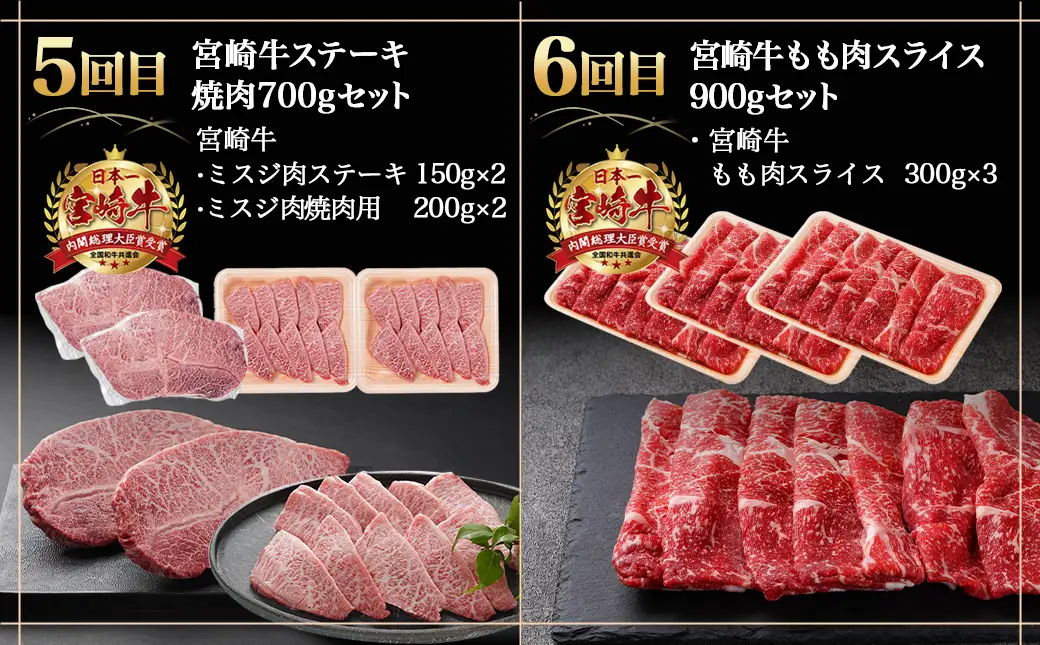 ≪全6回定期便≫宮崎牛食べ比べ定期便5.5kg〔TAF6-I601〕_(都城市) 4等級 5等級 スライス 小間切れ ステーキ 焼肉 肩ロース サーロイン ミスジ もも