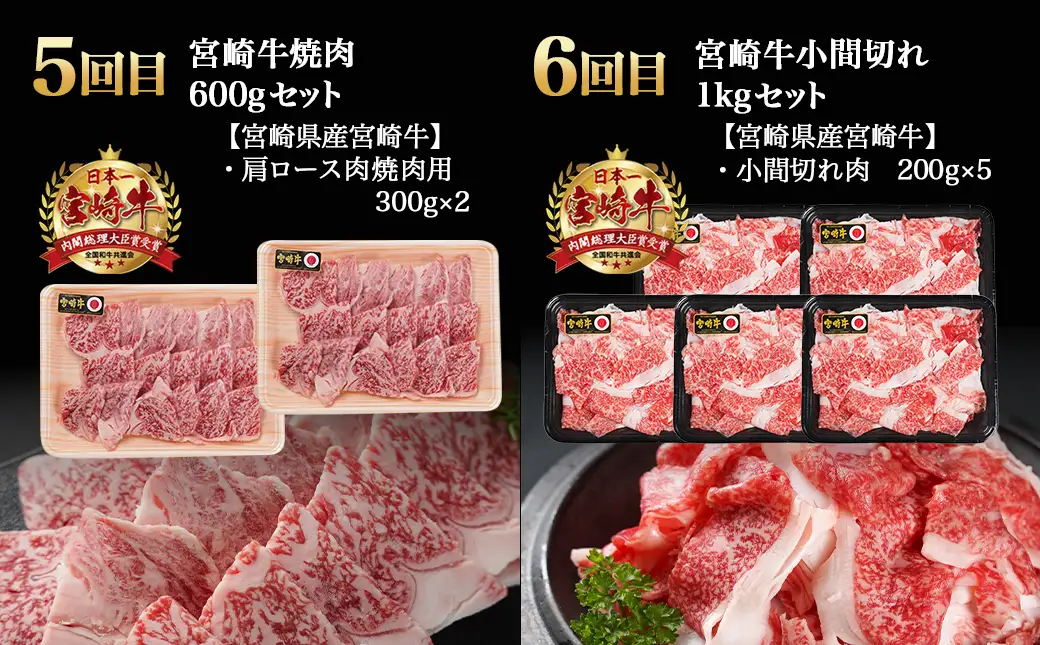 ≪全6回定期便≫宮崎牛と宮崎県産若鶏の定期便8.2kg〔TAD6-I601〕_(都城市) 4等級 5等級 スライス ステーキ 焼肉 小間切れ 若鶏もも肉 皮なしむね肉