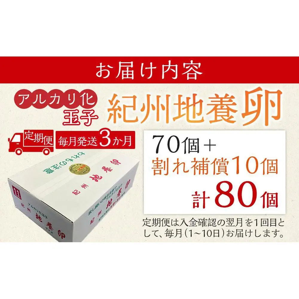 【定期便 毎月発送 全3回】 アルカリ化 玉子 紀州地養卵 合計 80個入 (70個＋割れ補償分10個）× 3回　卵 たまご 玉子 タマゴ 鶏卵 まとめ買い オムレツ 卵かけご飯 朝食 業務用