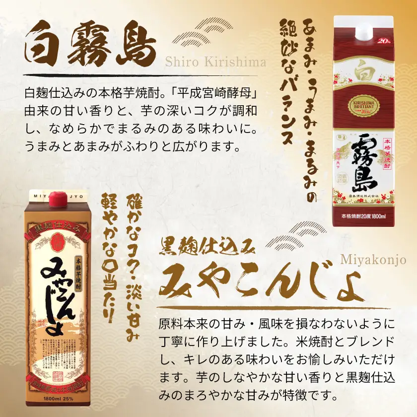 彩り鮮やか25度・20度焼酎 1.8Lパック6種6本≪みやこんじょ特急便≫〔AF-82-014-Q〕_(都城市) 焼酎 パック 25度 20度 芋焼酎 都城酒造 霧島酒造