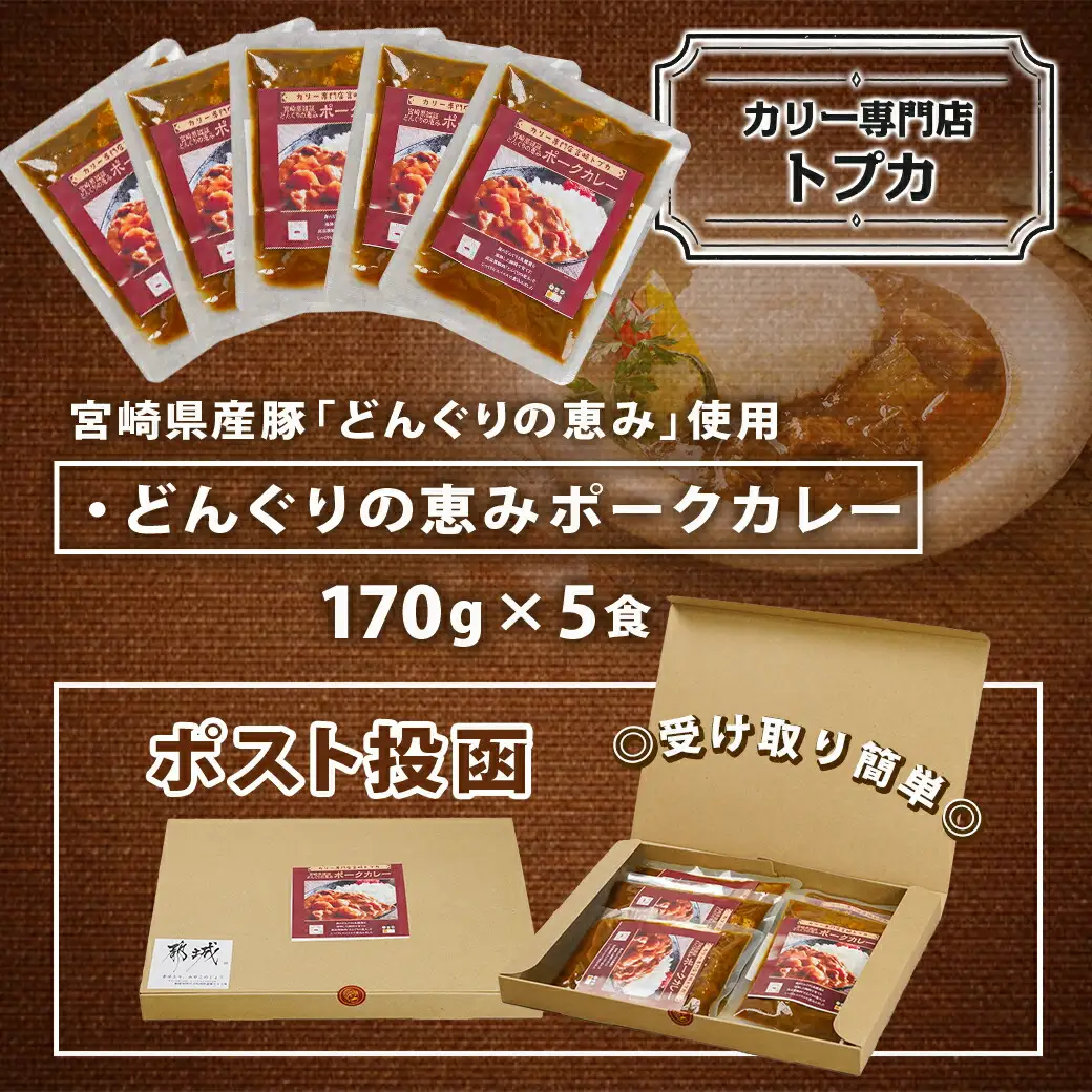トプカ☆どんぐりの恵みポークカレー5食セット※ポスト投函〔LD-J903〕_(都城市) カレー専門店 手づくり ポークカレー レトルト ポスト投函