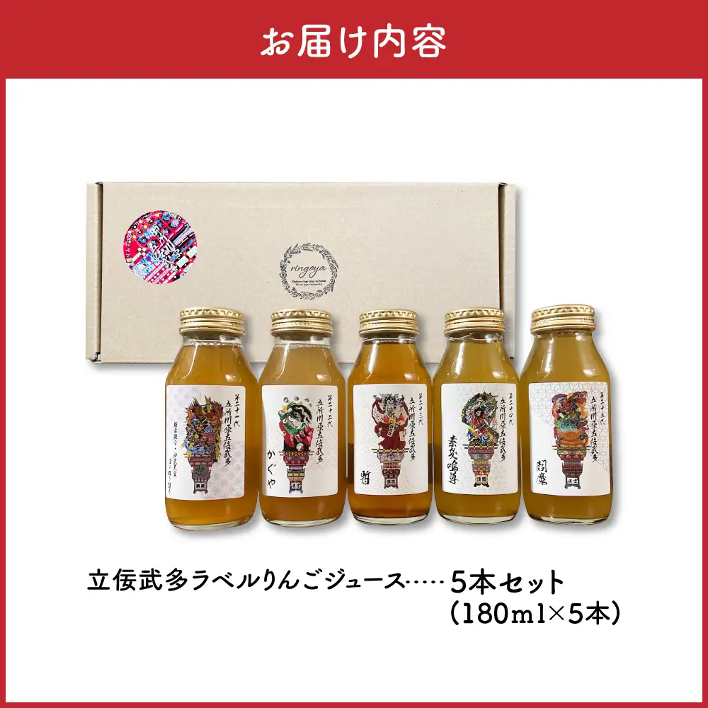 りんごジュース 飲み比べ180ml×5種セット 100％ストレート【ふじトキ御所川原王林紅玉】りんごジュース