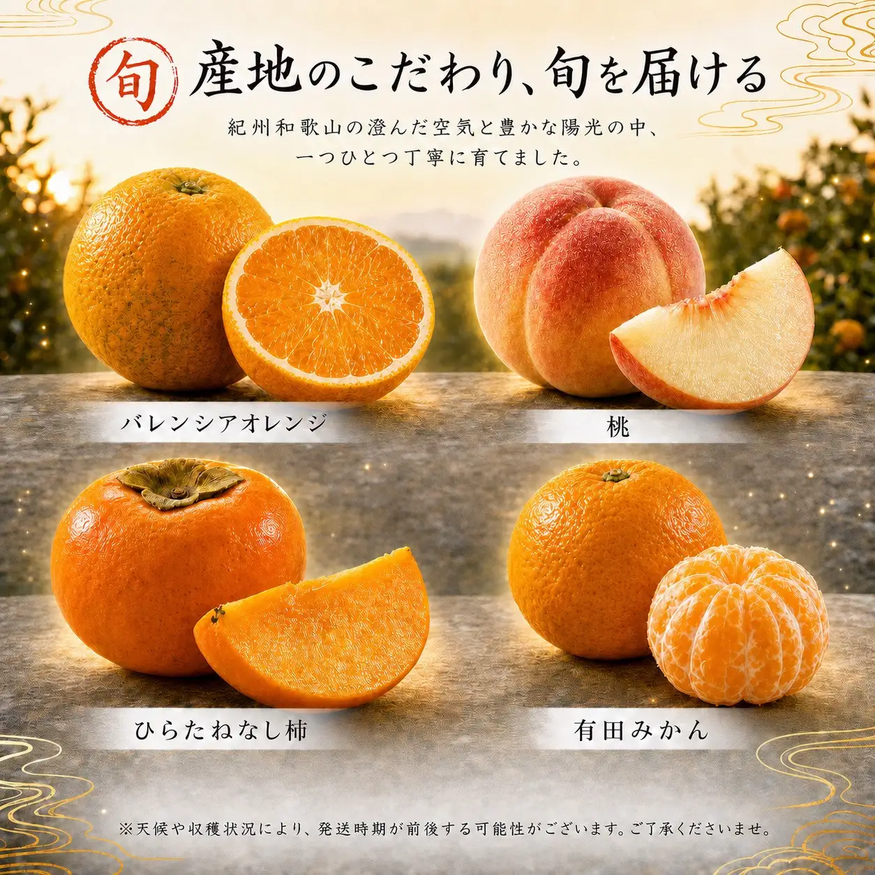 【7・8・10・12月 全4回】紀州和歌山産旬のフルーツセット（バレンシア・桃・ひらたねなし柿・みかん）【UT80】