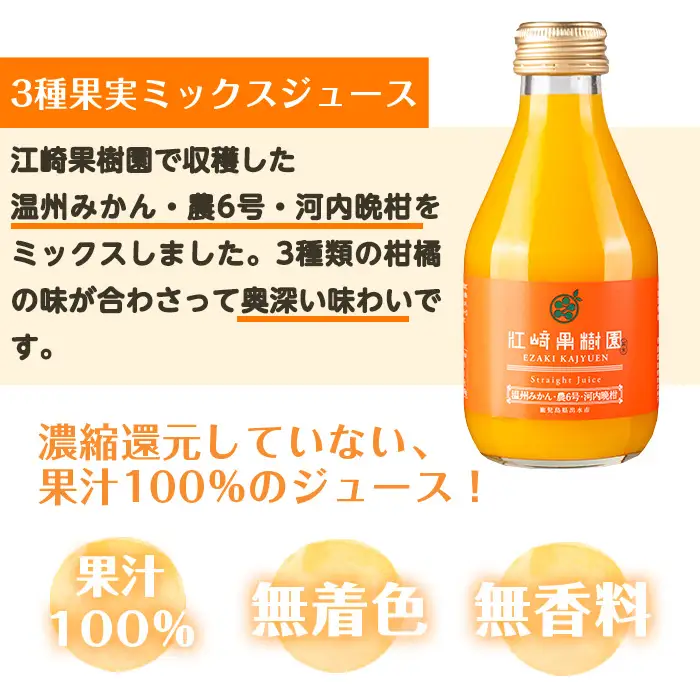 i990-C 3種果実ミックスジュース(180ml×5本) 飲料 ジュース みかん 蜜柑 果汁 100% 河内晩柑 農6号 温州みかん 無着色 無香料 ストレートジュース 安心安全 ギフト 贈り物 【江崎果樹園】