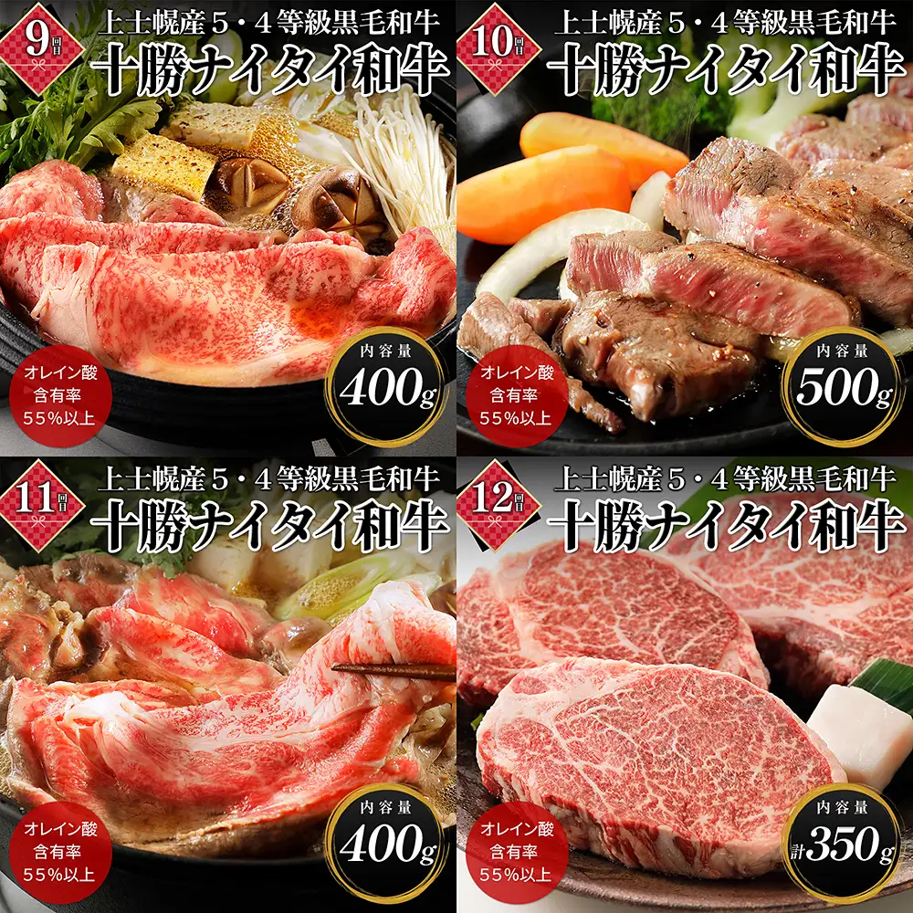 十勝ナイタイ和牛 一年満喫 定期便 12回 12ヵ月定期便 29（ニク）万円 国産 北海道 牛 肉 牛肉 和牛 5・4等級 黒毛和牛 オレイン酸含有率55%以上 サーロイン ヒレ 焼肉 すき焼き ハンバーグ 冷凍