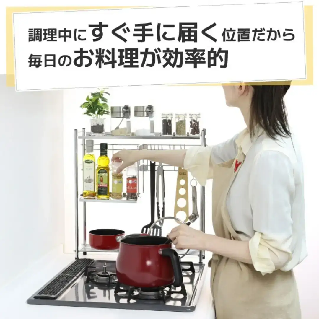 コンロサイドラック ハーフ棚＆フック シルバー キッチンラック 燕三条製 [川口工器]