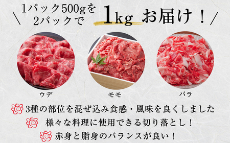 【数量限定】福岡県産 ブランド牛 博多和牛 100％ 切り落とし (モモ・バラ・ウデ混合) 500g×2パック 計1000g [M545-1] 湯煎 熱湯 和牛 便利 人気 和食 夜食 惣菜 時短 お弁当 おかず 国産牛肉 簡単調理 惣菜 福岡県産 九州 冷凍 送料無料