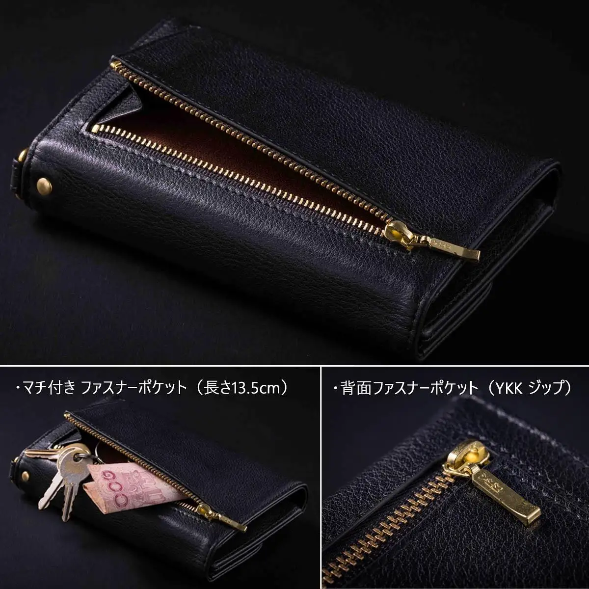 三つ折り財布 牛革 ミドルサイズ Dカン付 レザーウォレット  WZ012