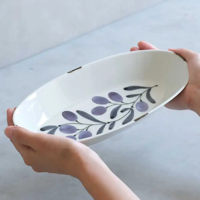 【波佐見焼】olive デリカプレート 29.5×13cm パスタ皿 緑・紫 2点セット【西海陶器】[OA384]