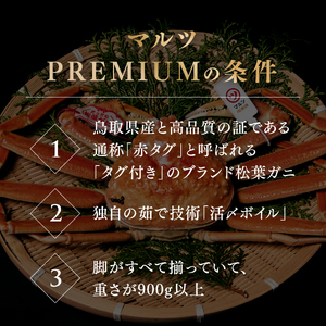【北海道・沖縄・離島配送不可】【マルツPREMIUM】タグ付き 活〆ボイル松葉蟹 900g以上 松葉ガニ 松葉がに 蟹 カニ かに 境港 マルツ