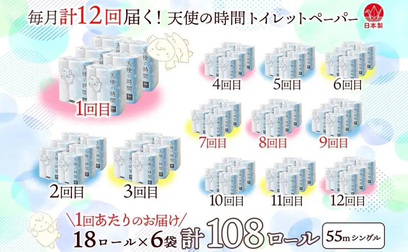 定期便 12ヵ月連続 トイレットペーパー 55m ソフトシングル 18ロール 6袋 計108ロール 天使の時間 紙 ペーパー 日用品 消耗品 リサイクル 再生紙 無香料 厚手 ソフト トイレ用品 備蓄 ストック 非常用 生活応援 川一製紙 送料無料 岐阜県 美濃市
