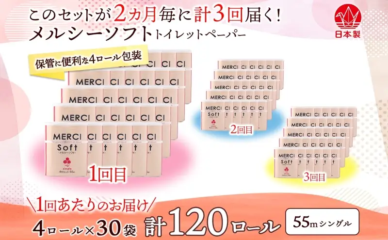 定期便 2ヵ月毎 3回 お届け シングル トイレットペーパー メルシー ソフトシングル 55m × 120ロール ペーパー 日用品 消耗品 リサイクル 再生紙 無香料 厚手 ソフト トイレ用品 備蓄 ストック 非常用 生活応援 川一製紙 送料無料 岐阜県 美濃市