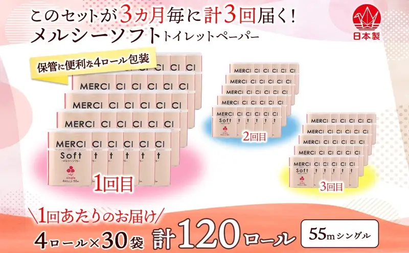 定期便 3ヵ月毎 3回 お届け シングル トイレットペーパー メルシー ソフトシングル 55m × 120ロール ペーパー 日用品 消耗品 リサイクル 再生紙 無香料 厚手 ソフト トイレ用品 備蓄 ストック 非常用 生活応援 川一製紙 送料無料 岐阜県 美濃市